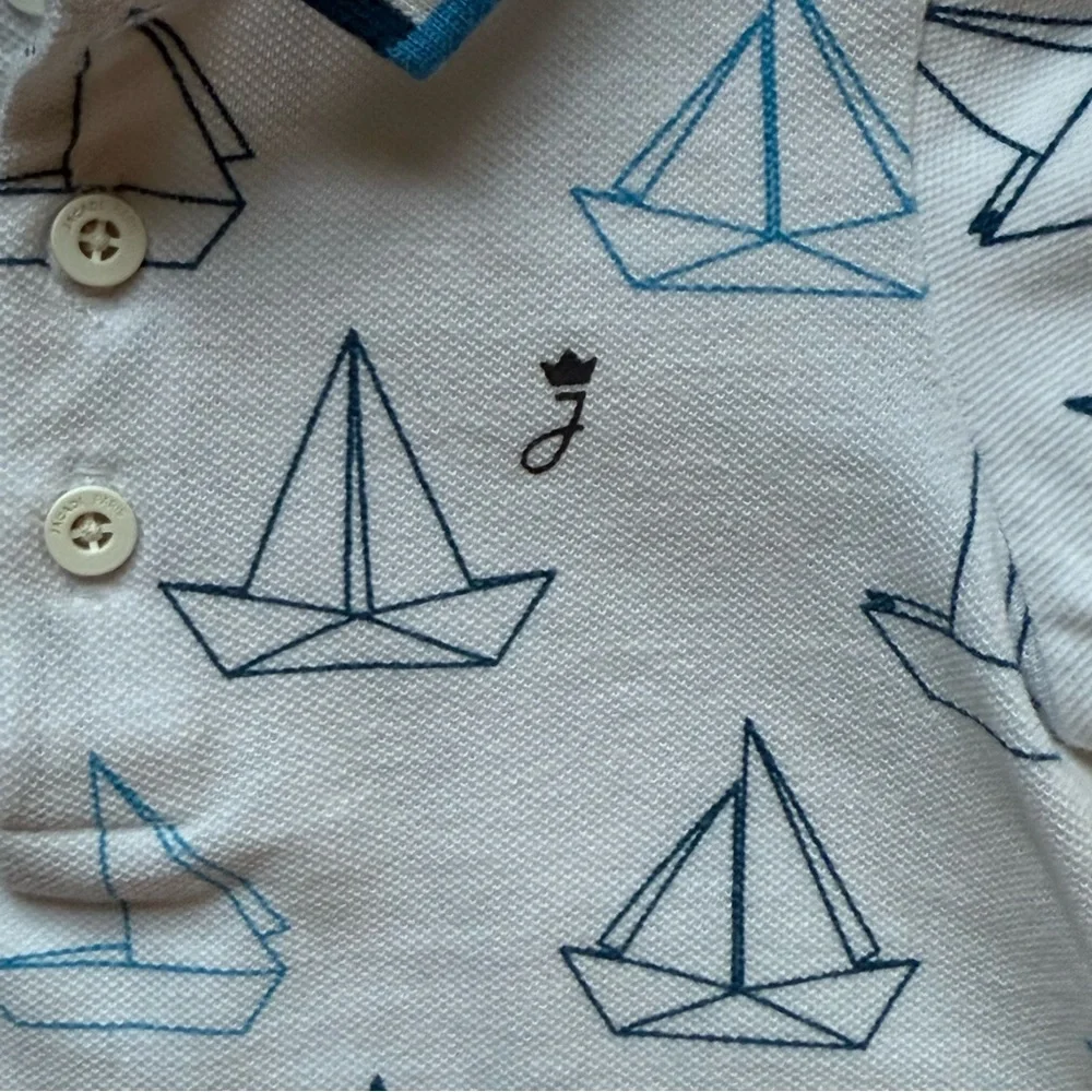 Jacadi Boys White Pique Knit Polo Shirt with Blue Sailboat Print - Size 12M